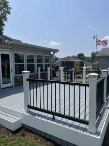 Finished gray backyard deck